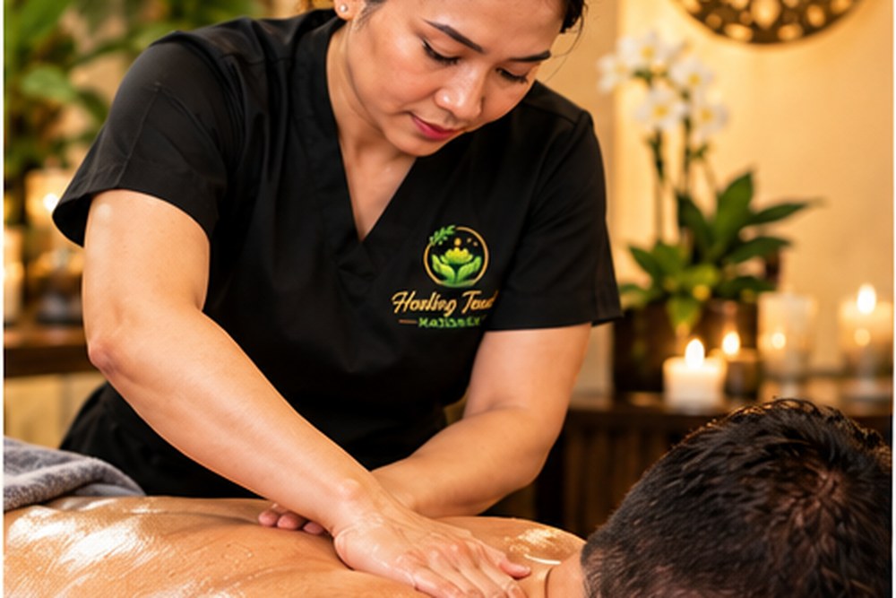 Back massage being performed with smooth flowing strokes