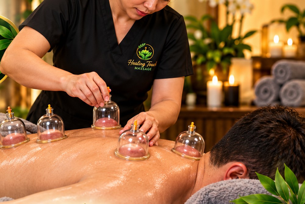 Cupping therapy being applied to the back during a ventosa massage
